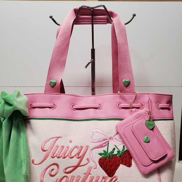 Juicy Couture Pink Powder Blush & Green Retro Strawberry Tote - Picture 2 of 7